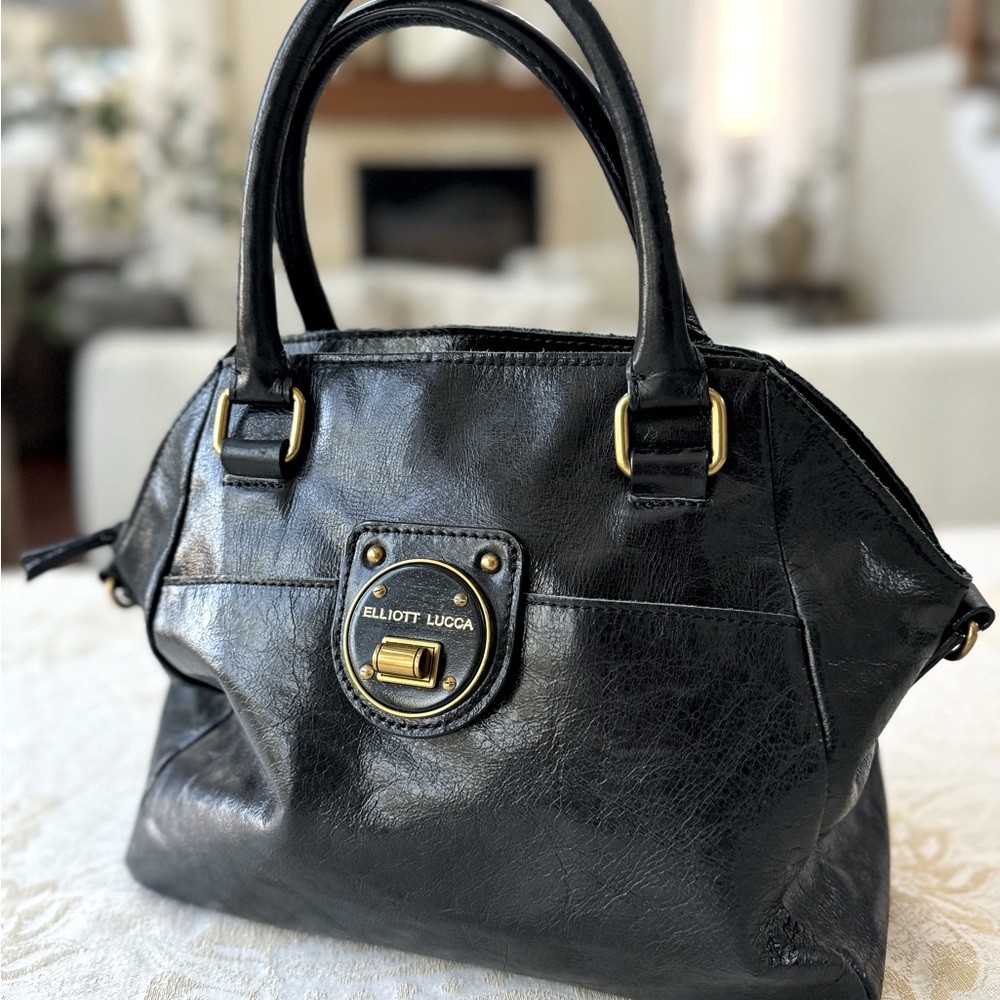 Elliott Lucca Black Leather Satchel Purse Pockets, Pink Lining, Gold Hardware